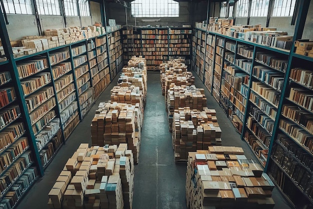Pakhuis met stapels boeken in een industriële omgeving