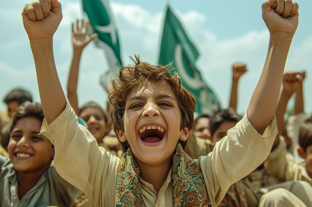 Foto pakistaanse kinderen die de onafhankelijkheidsdag vieren, zijn opgewonden, gemotiveerde fotorealistisch