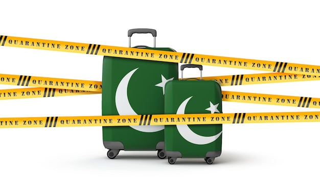 Pakistaanse vlag koffer bedekt met quarantaine zone tape d render
