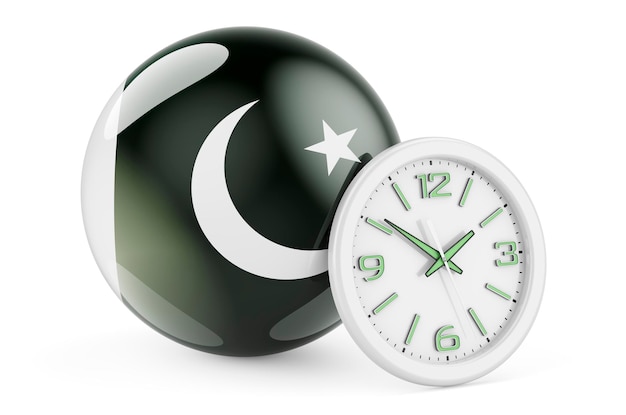 Pakistaanse vlag met klok Tijd in Pakistan 3D-rendering