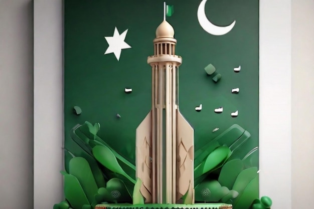 Pakistan day celebration and pakistan minar design with pakistan flag