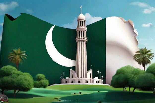 Photo pakistan day celebration and pakistan minar design with pakistan flag