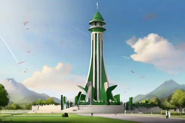 Pakistan day celebration and pakistan minar design with pakistan flag