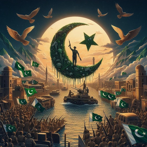 写真 パキスタン 旗 飛行機 寺院 建物 月 リアル ai 画像
