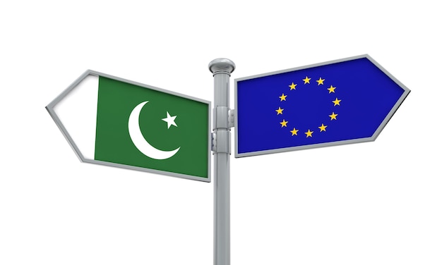 Pakistan and European Union guidepost Moving in different directions 3D Rendering