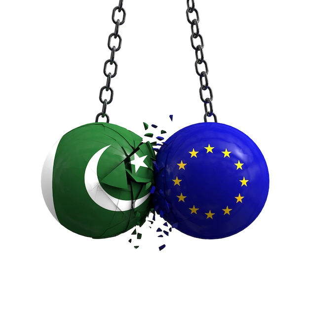 Pakistan flag and European union political balls smash into each other 3D Rendering