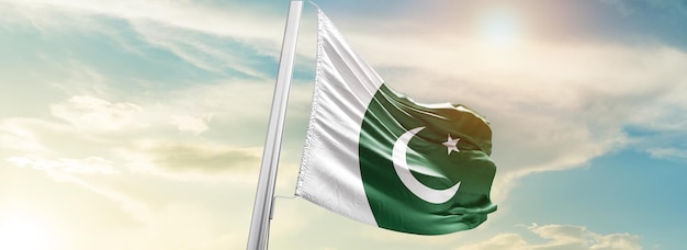 Pakistan flag waving in beautiful sky.