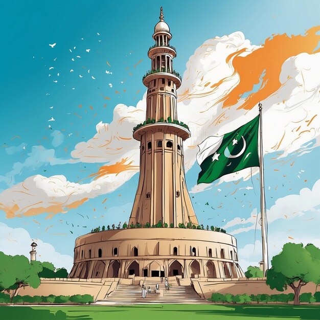 Foto disegno del giorno dell'indipendenza del pakistan con minarepakistan