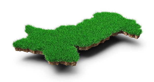 Pakistan Map soil land geology cross section with green grass and Rock ground texture 3d