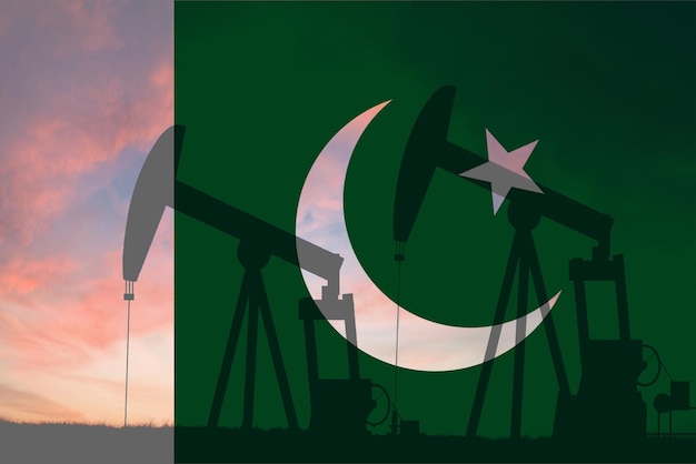 Pakistan oil industry concept industrial illustration Pakistan flag and oil wells stock market exchange economy and trade oil production