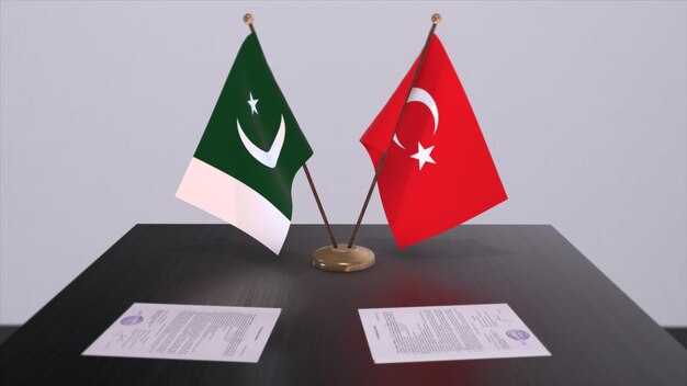 Bandiere del pakistan e della turchia alla riunione politica illustrazione 3d dell'affare commerciale