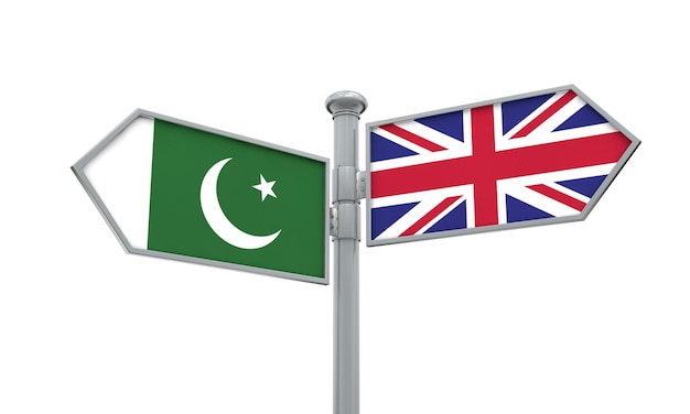 Pakistan and United Kingdom guidepost Moving in different directions 3D Rendering