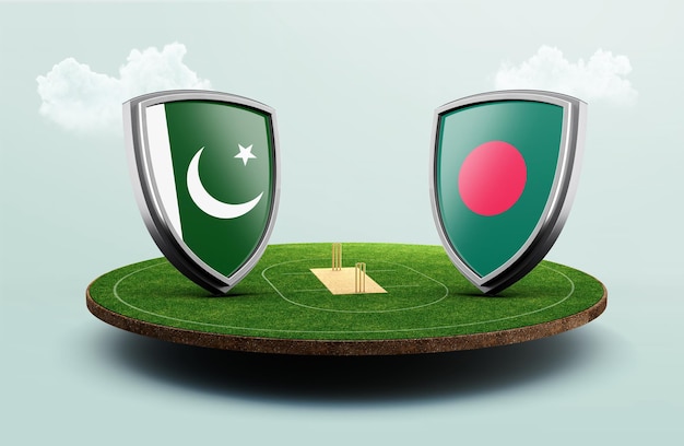 Pakistan vs bangladesh cricket flags with shield on cricket stadium 3d illustration