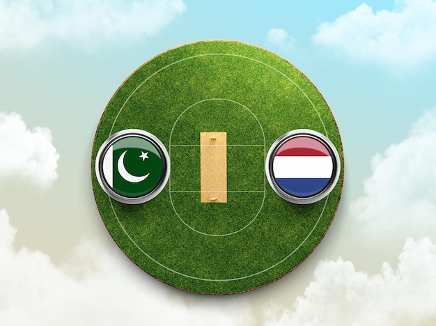 Pakistan vs Netherlands cricket flag with Button Badge on stadium 3d illustration