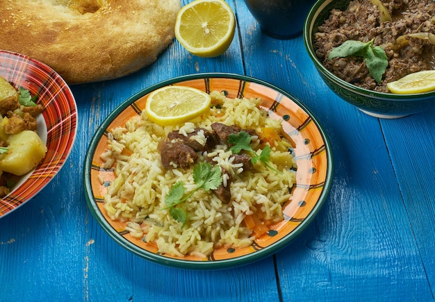 Pakistani cuisine , Scheherazade Biryani - Traditional assorted dishes, Top view.