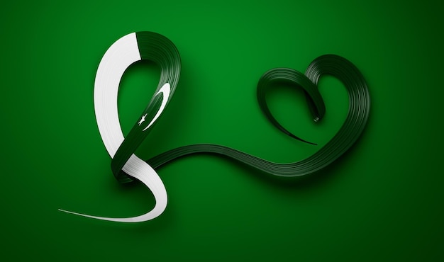 Pakistani flag heart shape wavy ribbon 3d illustration