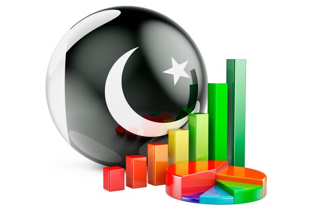 Foto bandiera pakistana con grafico a barre di crescita e grafico a torta statistiche economiche di finanza aziendale in pakistan concetto di rendering 3d.