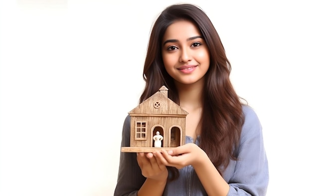 Pakistani Indian Girl with House model in hands Real estate