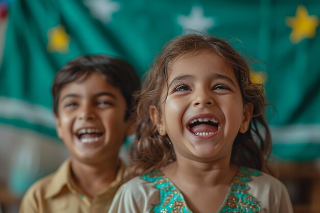 Pakistani kids celebrating independence day excited motivated photo realistic