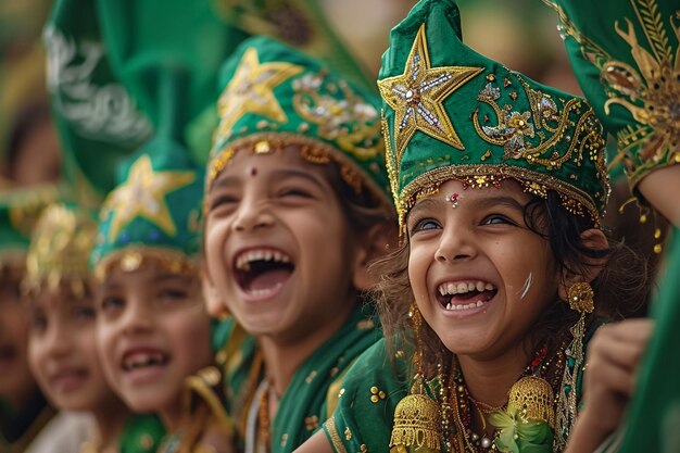 Pakistani kids celebrating independence day excited motivated photo realistic