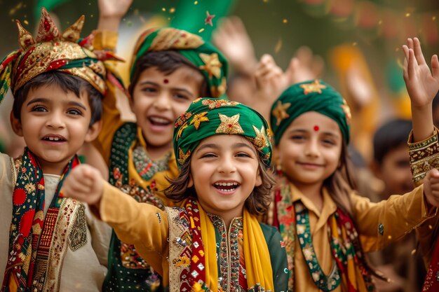 Pakistani kids celebrating independence day excited motivated photo realistic