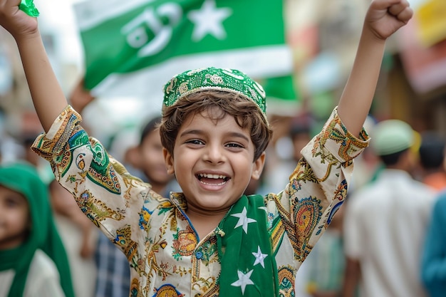 Pakistani kids celebrating independence day excited motivated photo realistic