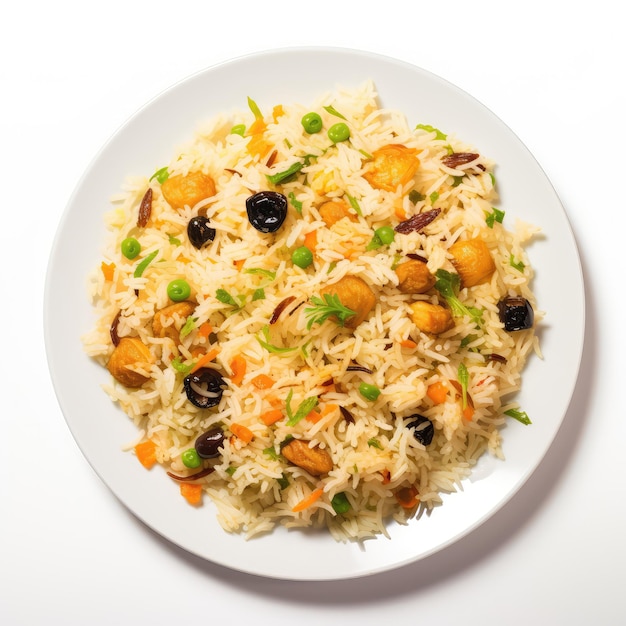 Pakistani Pulao Pakistani Dish On Plate On White Background Directly Above View