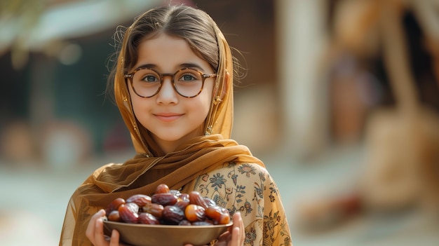 Photo pakistani village girl holding dates bowl in her hand