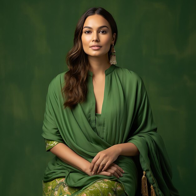 Pakistani woman posing on a green background