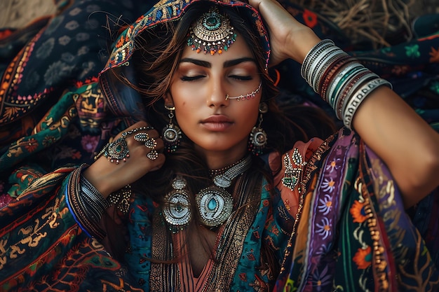전통 의 옷 을 입고 장식 된 보석 을 가진 파키스탄 여자