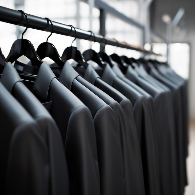 Foto pakken op hangers gemonteerd op een rail in de stijl van donkergrijs en donkerzwart