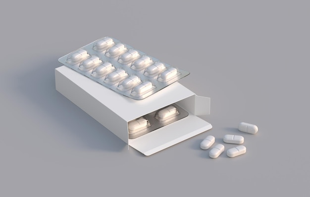 Pakket met twee blisters met medicijnen pillen Mockup sjabloon 3D-rendering