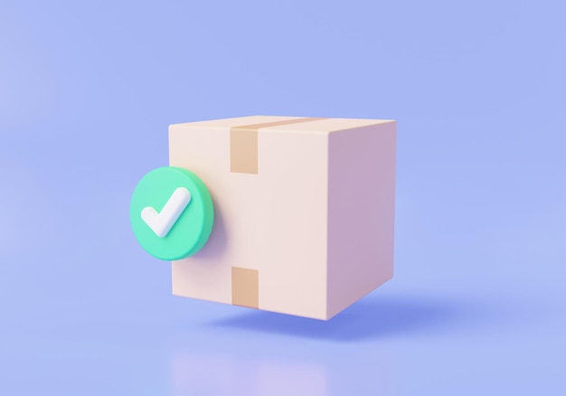 Pakketdoos met vinkje voor bestelde goederen bevestigd op paarse achtergrond Levering van producten succesvol Leveringsorder Snelle levering concept 3D-pictogram render illustratie Cartoon minimalistische stijl