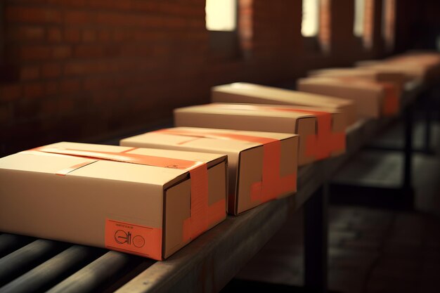 Pakketten levering verpakkingsservice en pakketten kartonnen dozen op transportband in magazijn transportsysteem concept afbeelding Neuraal netwerk AI gegenereerd