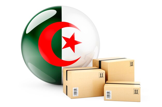 Pakketten met de vlag van Algiers Verzending en levering in Algerije concept 3D-rendering