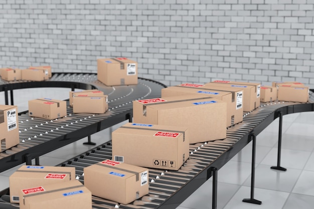 Pakketten Transportsysteem Concept. Kartonnen dozen op transportband in magazijn voor bakstenen muur. 3D-rendering