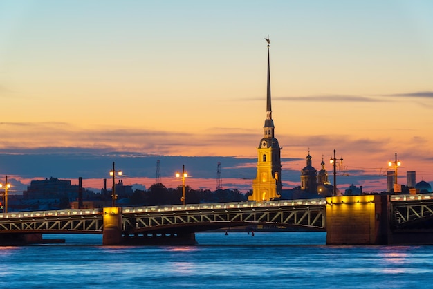 Palace Bridge and Peter and Paul Cathedral in St Petersburg Russia