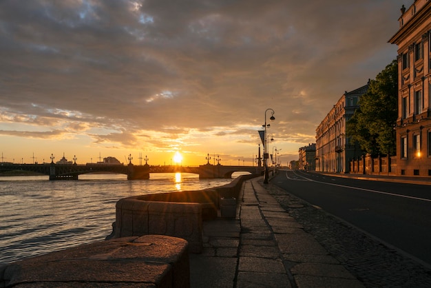 Palace Embankment and the Trinity Bridge over the Neva River St Petersburg Russia