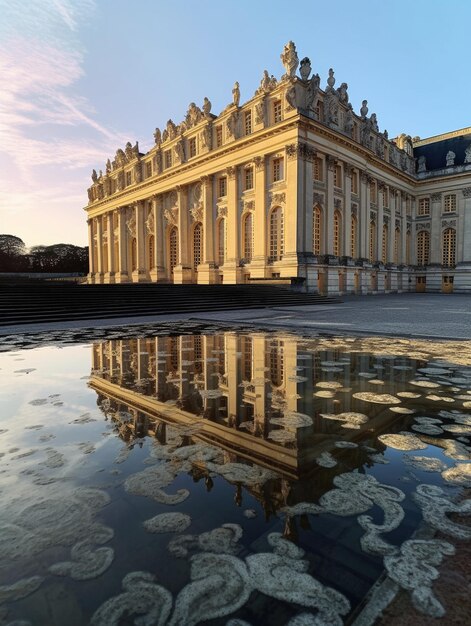 the palace of monarch is reflected in a puddle of water