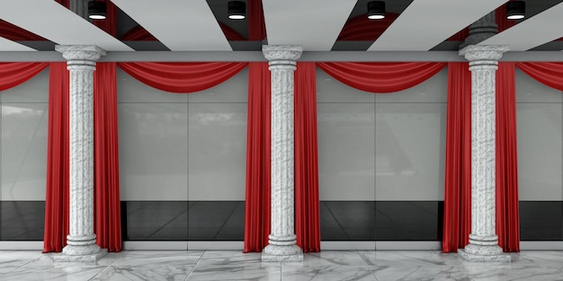 Palace or Museum Marble Hallway with Pillars Red Curtains and Walls with Free Space for Your Design 3d Rendering