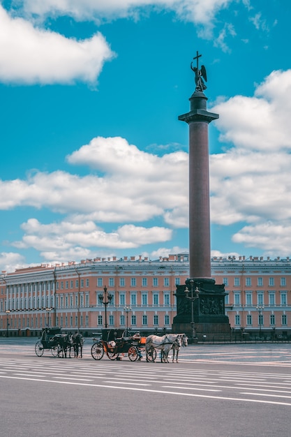 Palace square with carriage and horses in Saint Petersburg