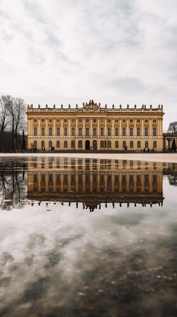 The palace of versailles is reflected in a pond.