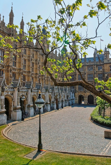 Palace of Westminster in London, the UK. It is a meeting place of the House of Lords and the House of Commons, the two houses of the UK Parliament.