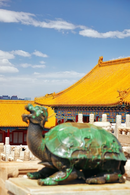 Palaces, pagodas inside the territory of the Forbidden City Museum in Beijing in the heart of city,China. Focus on the background.