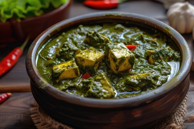 Foto palak paneer curry con sfondo di cucina rustica