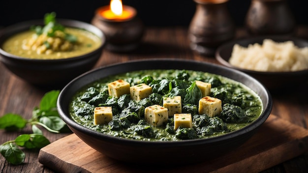 Palak Paneer to life on a dark textured wooden surface with depth of field to focus on the intricat