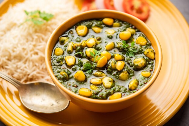 Palak sweet corn sabzi also known as Spinach Makai curry sabji north Indian main course menu