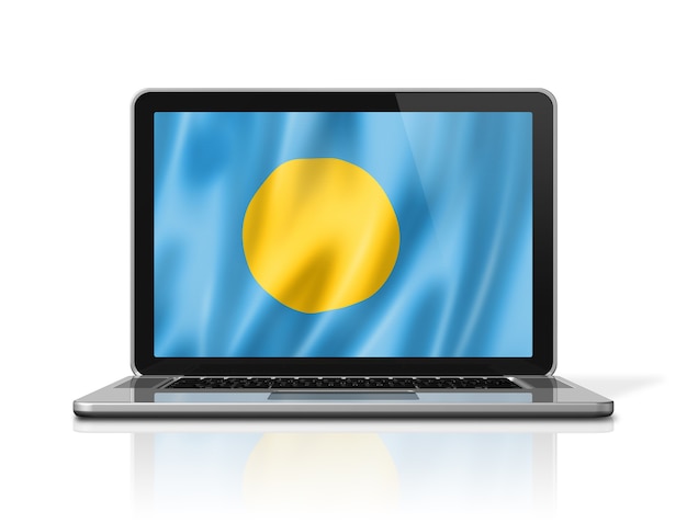 Флаг Палау на экране ноутбука, изолированные на белом. 3D визуализация иллюстрации.