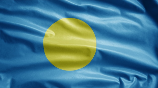 Palauan flag waving in the wind. Palau banner blowing soft silk.