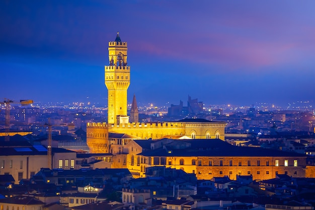 Palazzo Vecchio in downtown Florence city in Tuscany Italy at twilight